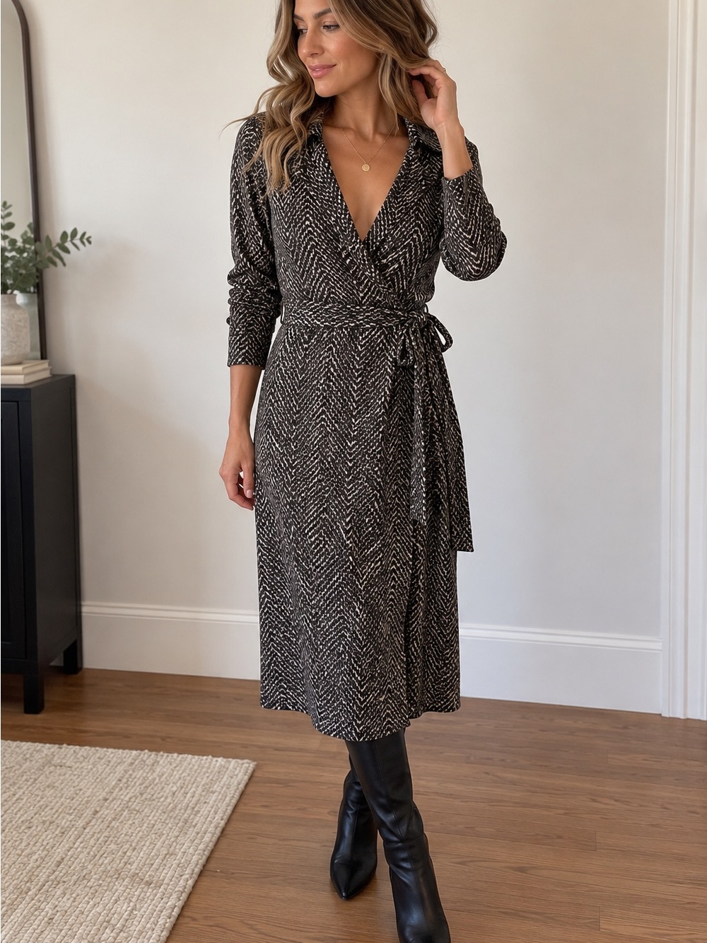 Ann Taylor Wrap Midi Dress Size 4 Black Cream Abstract Print